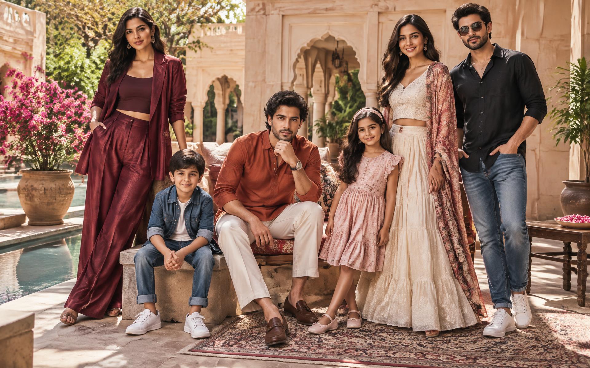 Indian women, men and children in colourful contemporary fashion