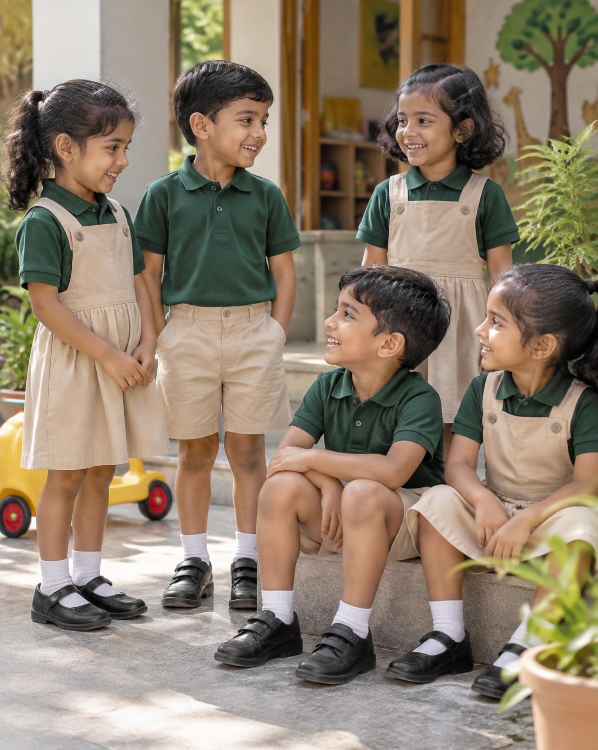 Indian kindergarten children in green polo and beige school uniforms