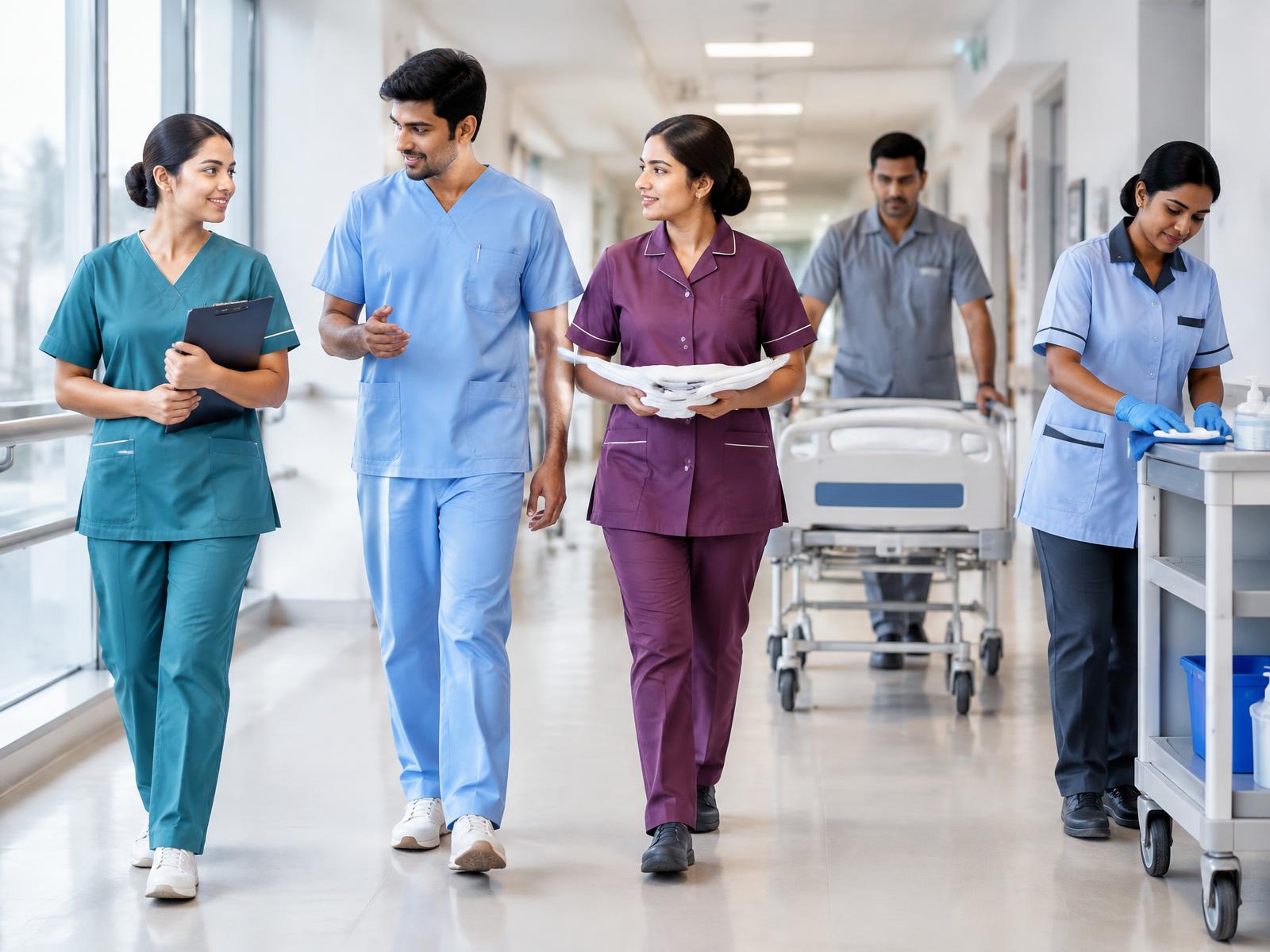 Indian healthcare support team in colourful role-specific uniforms