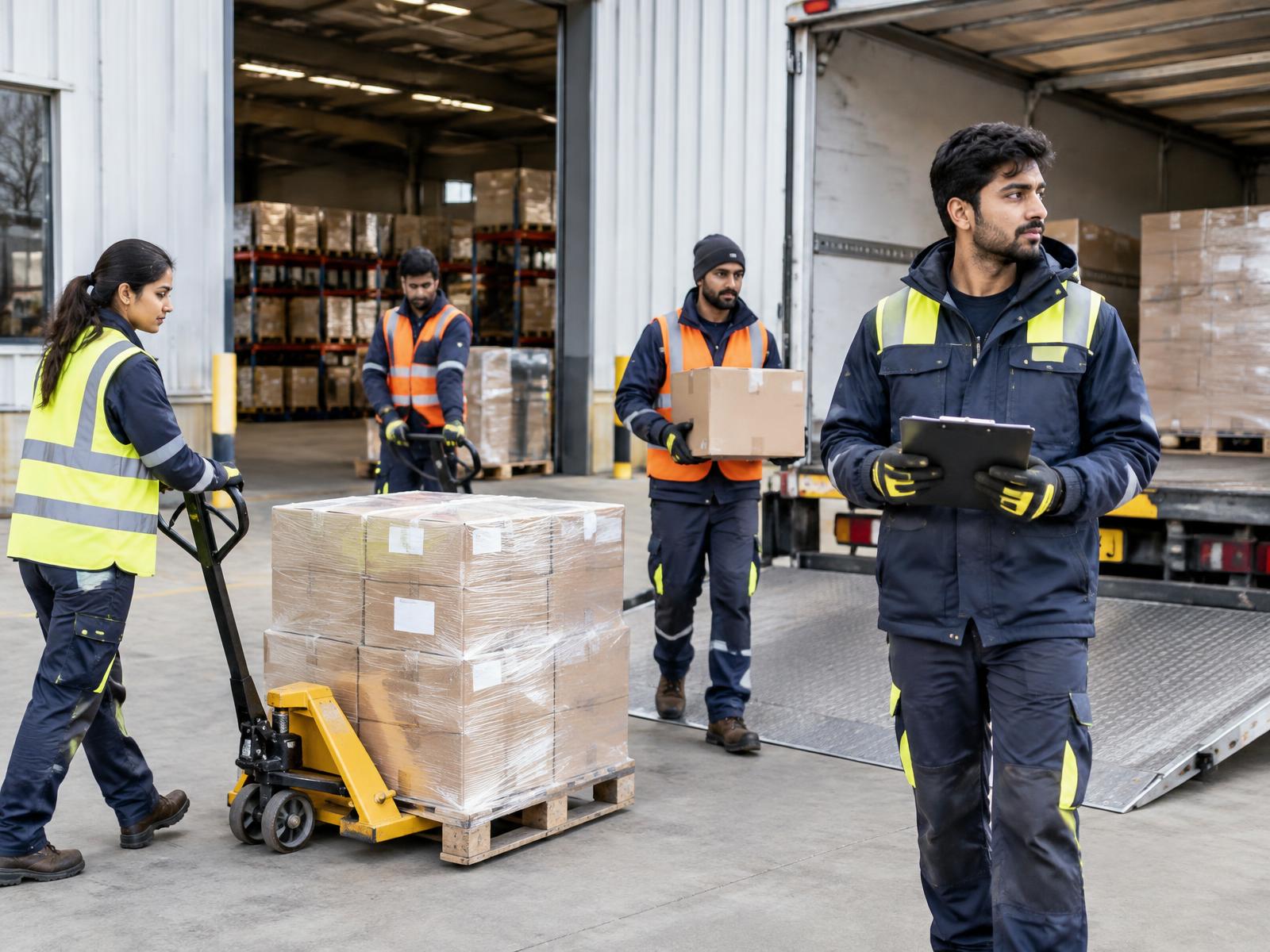 Indian logistics team in practical high-visibility workwear